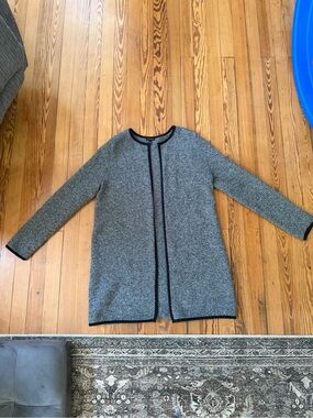 Talbots Sweater Coat Cardigan Black White Open Front Knit Jacket Women’s Large